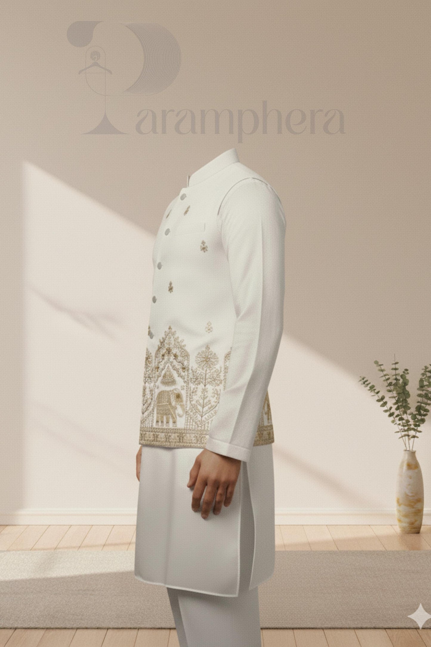 Embroidered Ivory Nehru Jacket Kurta Set: Men's Wedding Outfit