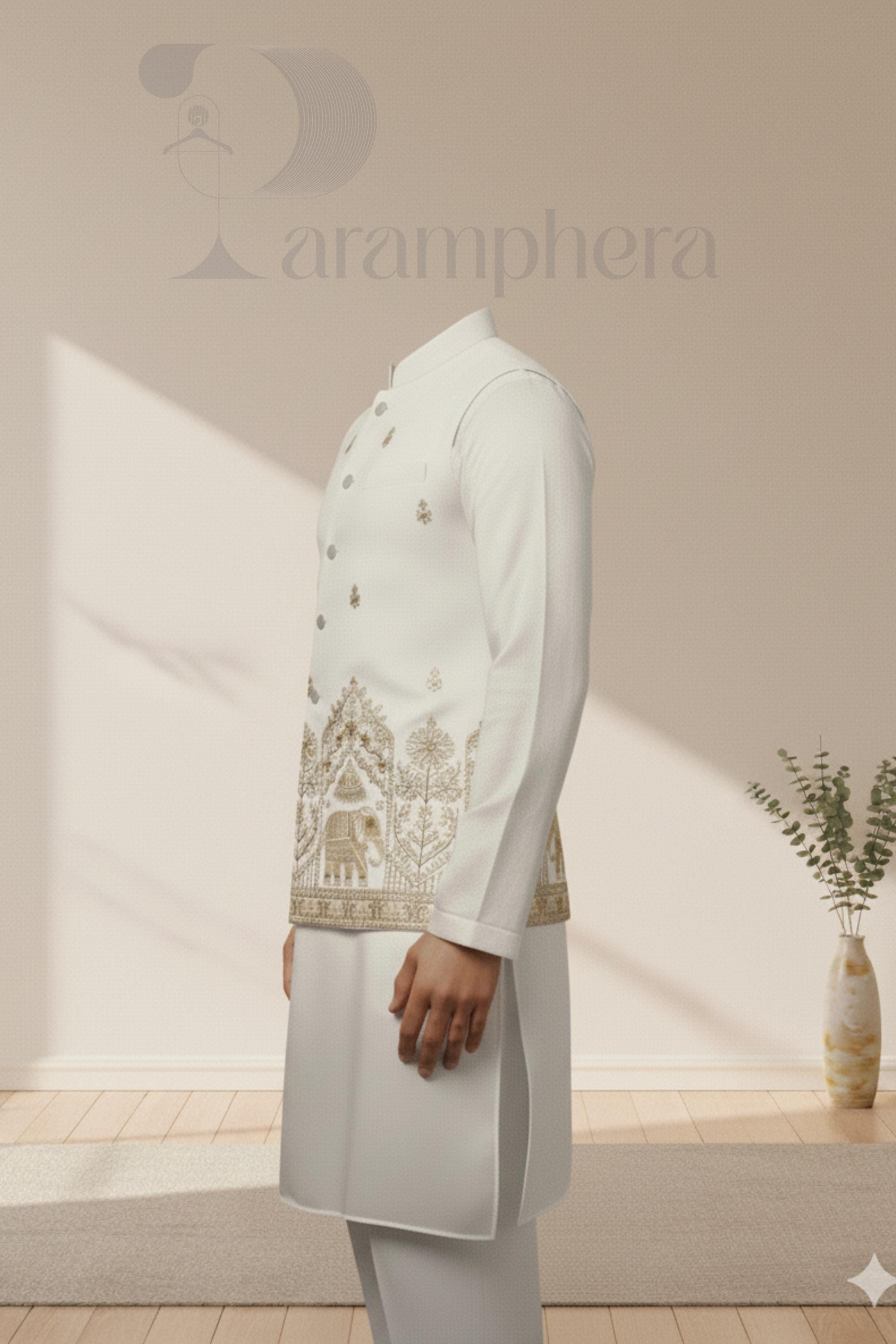 Embroidered Ivory Nehru Jacket Kurta Set: Men's Wedding Outfit