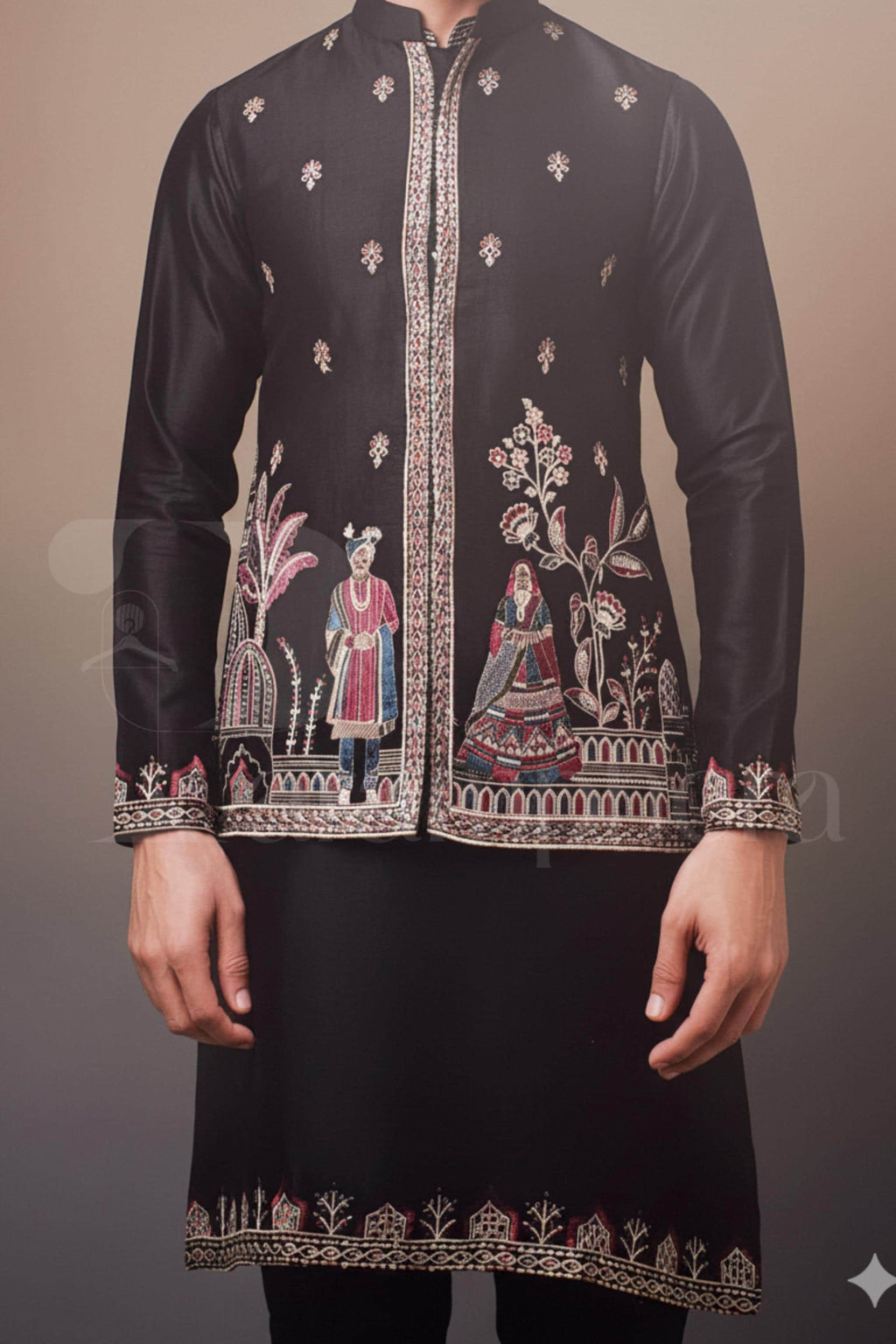 Black Embroidered Kurta Pajama with Nehru Jacket: Indian Wedding Outfit