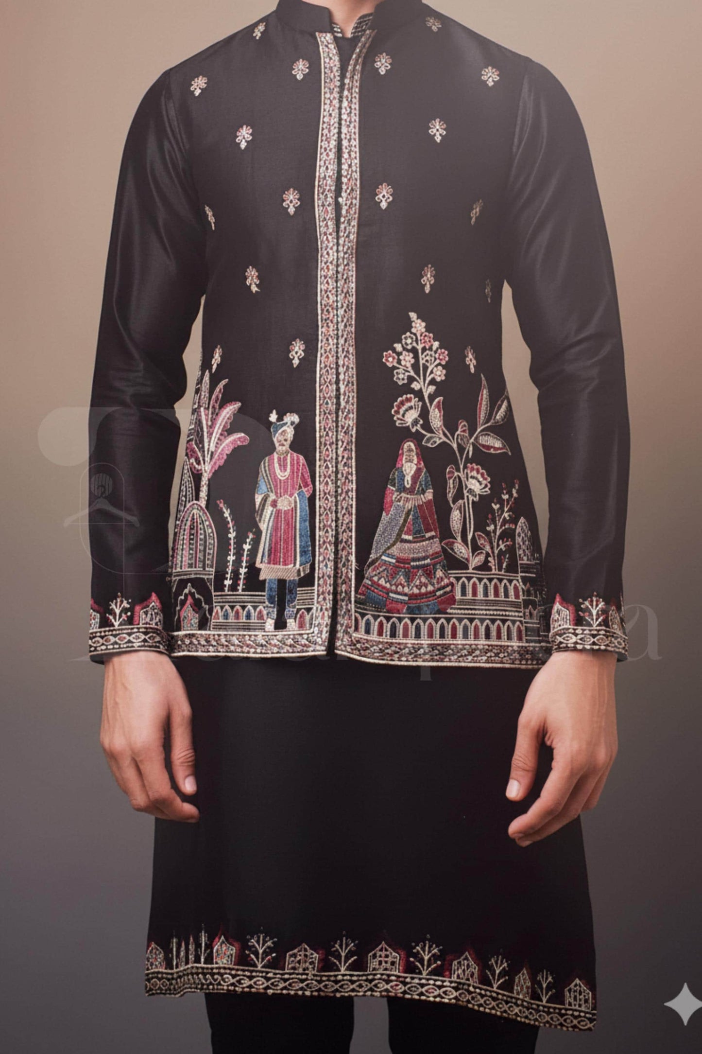 Black Embroidered Kurta Pajama with Nehru Jacket: Indian Wedding Outfit