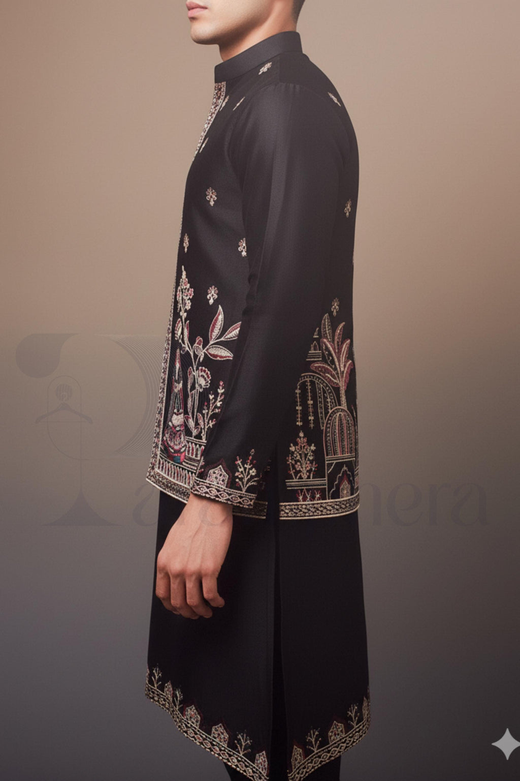 Black Embroidered Kurta Pajama with Nehru Jacket: Indian Wedding Outfit