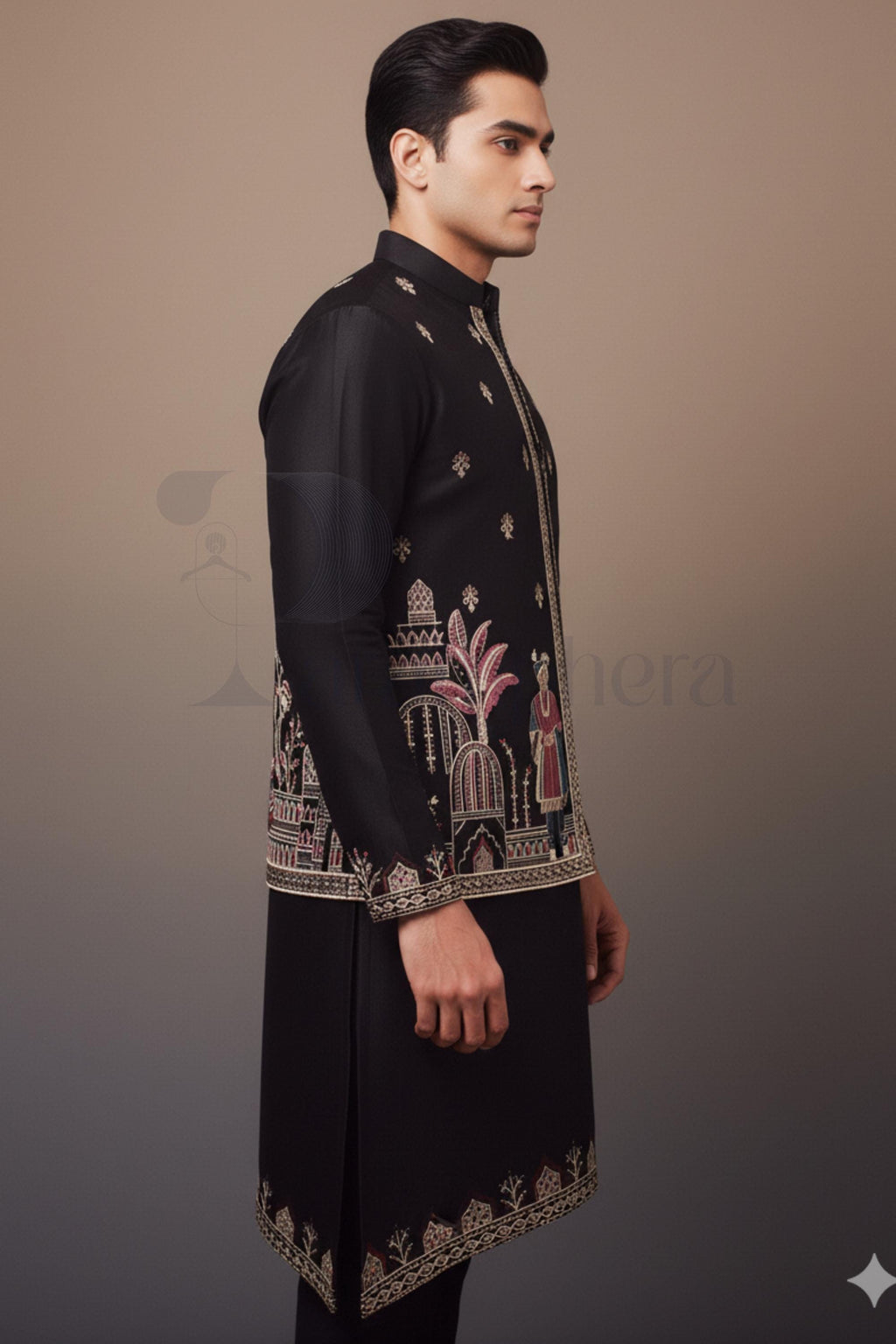 Black Embroidered Kurta Pajama with Nehru Jacket: Indian Wedding Outfit