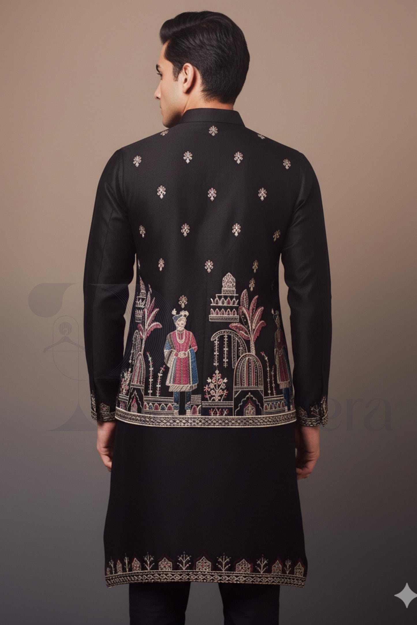 Black Embroidered Kurta Pajama with Nehru Jacket: Indian Wedding Outfit