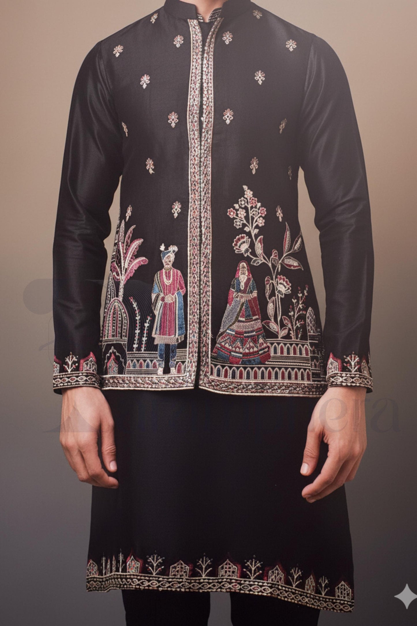 Black Embroidered Kurta Pajama with Nehru Jacket: Indian Wedding Outfit