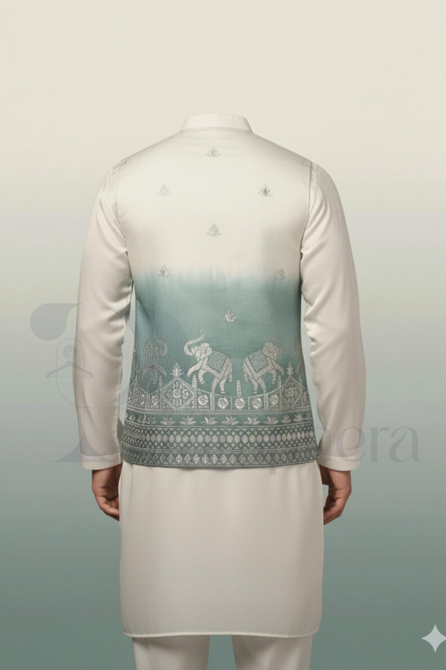 Mens Kurta Pajama Set: Green Embroidered Nehru Jacket, Indian Wedding Outfit