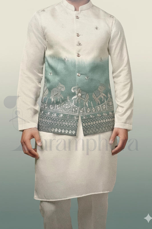Mens Kurta Pajama Set: Green Embroidered Nehru Jacket, Indian Wedding Outfit