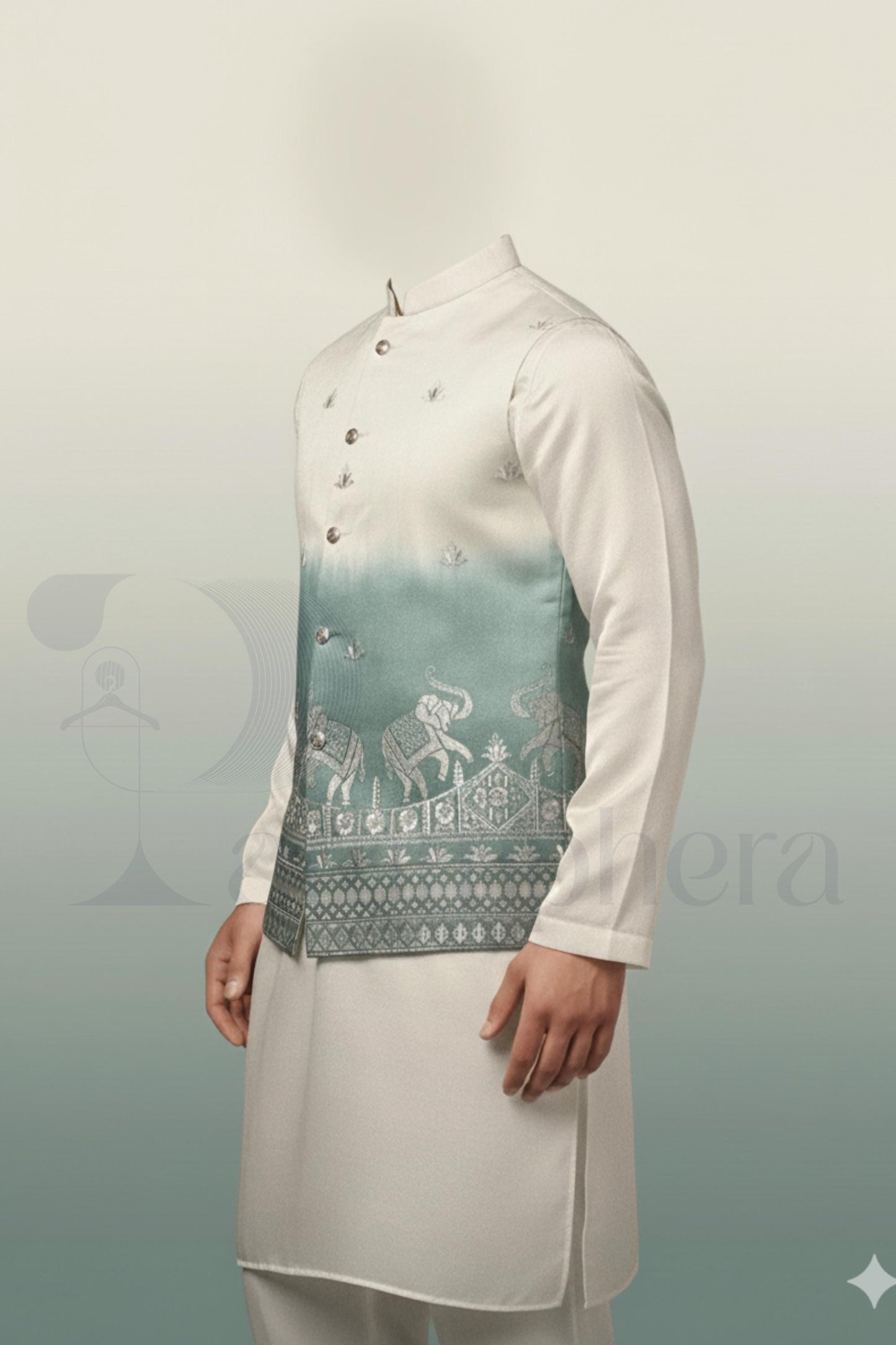 Mens Kurta Pajama Set: Green Embroidered Nehru Jacket, Indian Wedding Outfit