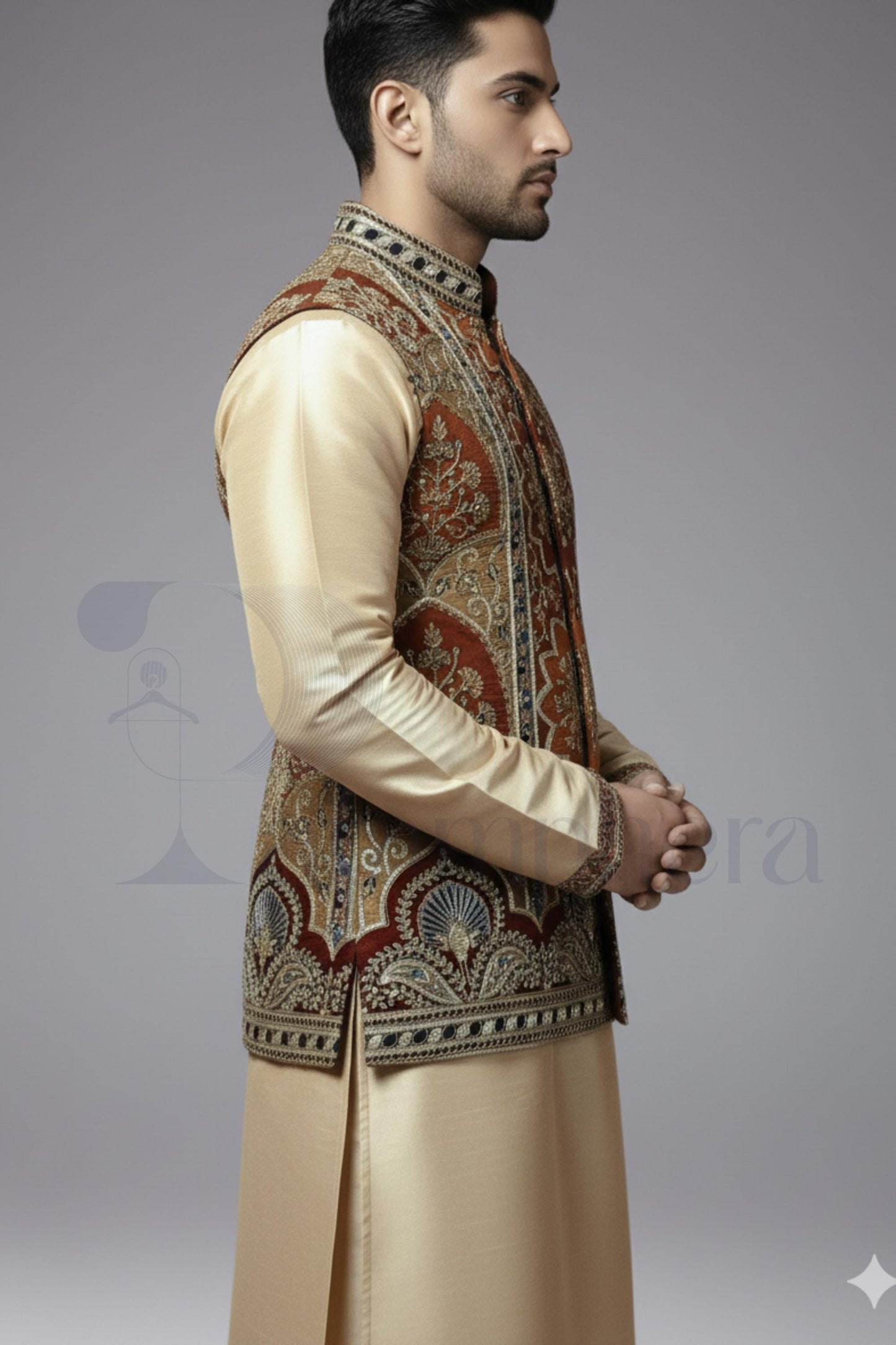 Embroidered Nehru Jacket with Gold Kurta Pajama: Indian Wedding Outfit