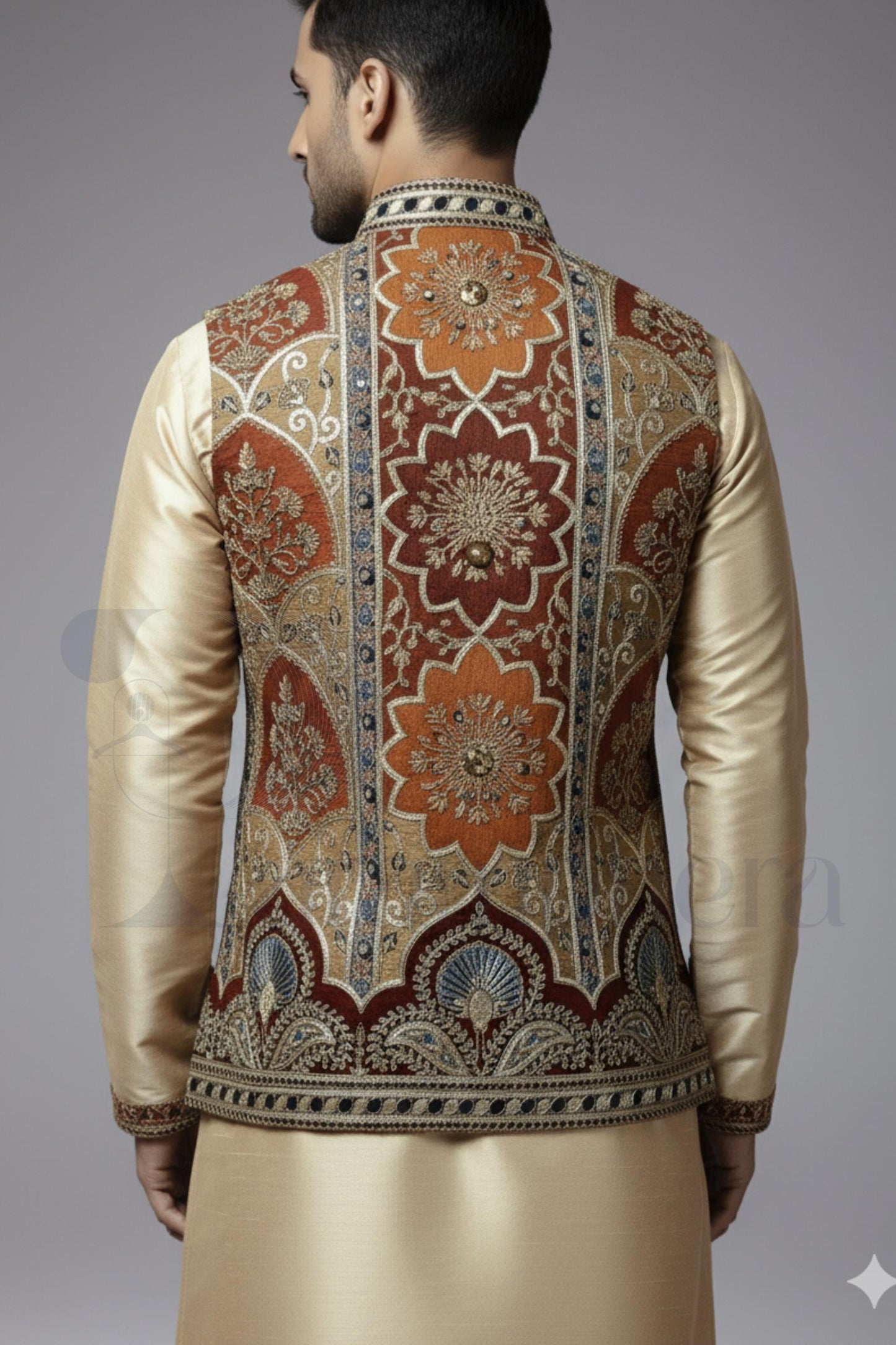 Embroidered Nehru Jacket with Gold Kurta Pajama: Indian Wedding Outfit