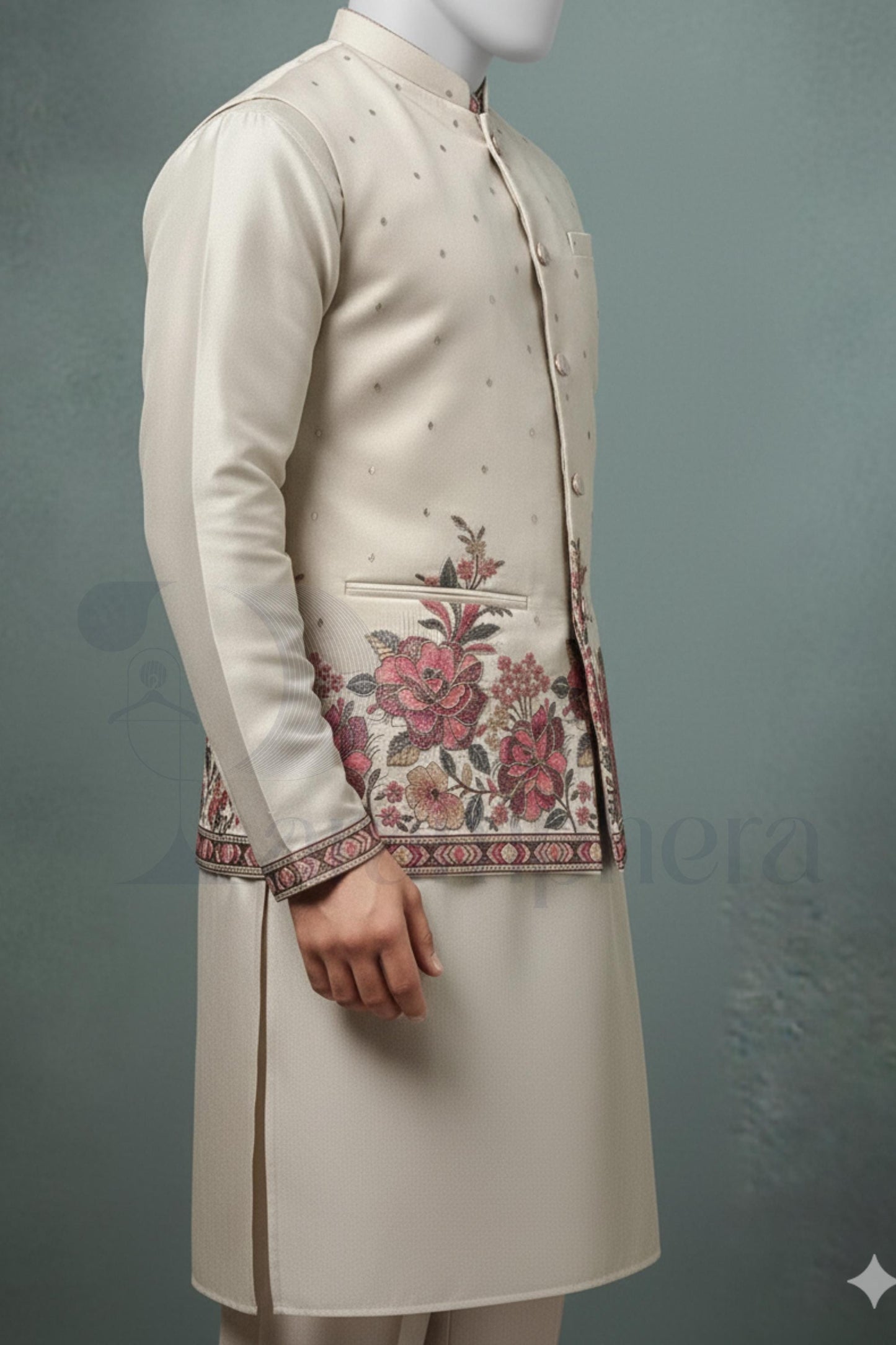 Ivory Embroidered Nehru Jacket Kurta Set - Silk Blend Groom Outfit