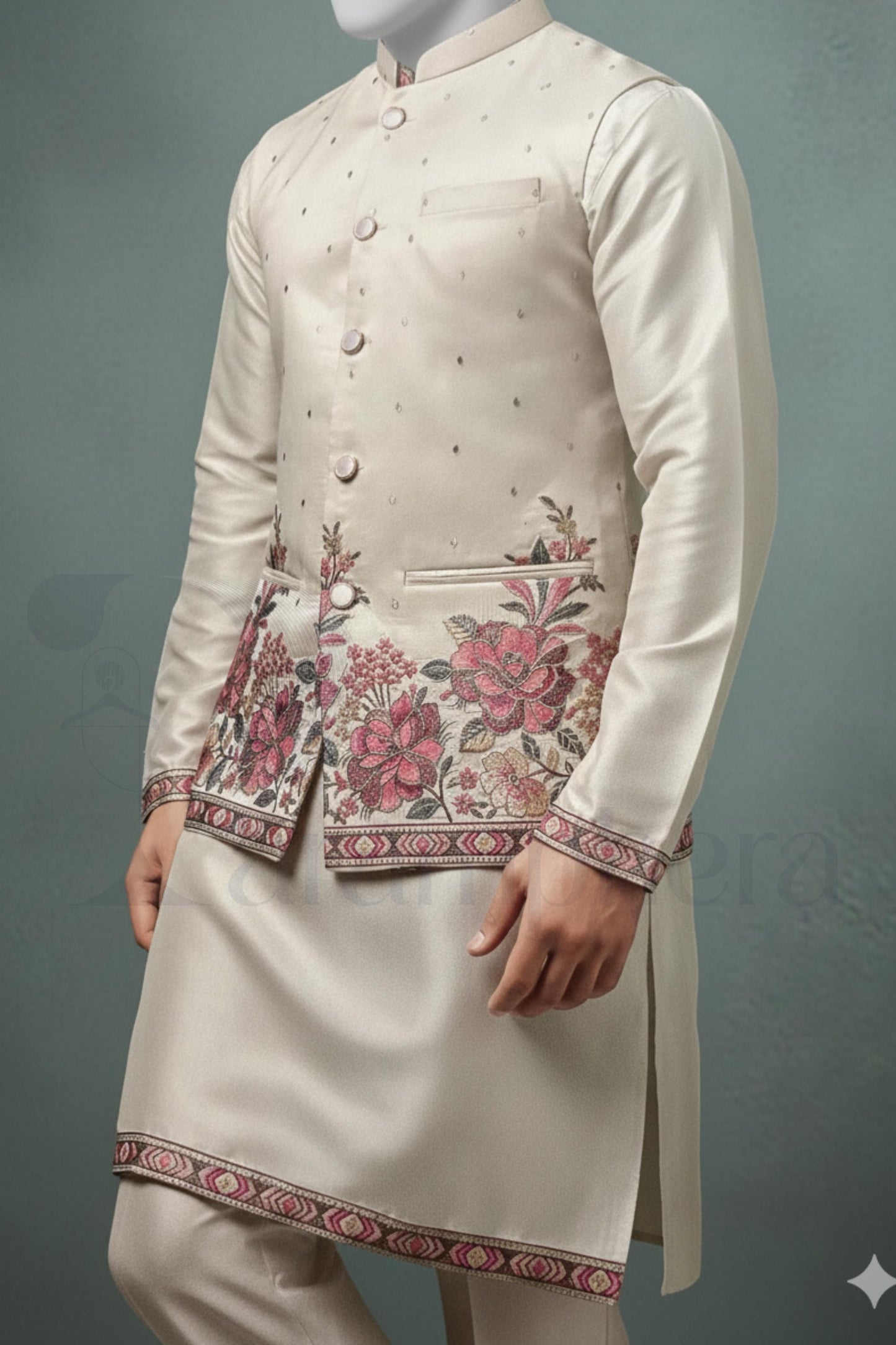 Ivory Embroidered Nehru Jacket Kurta Set - Silk Blend Groom Outfit