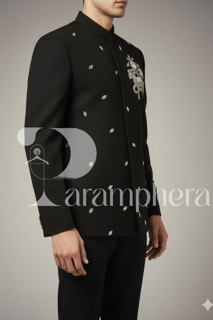 Men's Black Embroidered Bandhgala Jacket Set: Indian Wedding Outfit