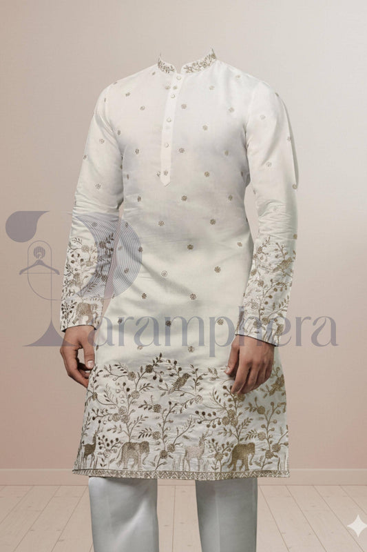 Ivory Embroidered Men's Kurta: Luxury Cotton-Silk Blend Wedding Outfit