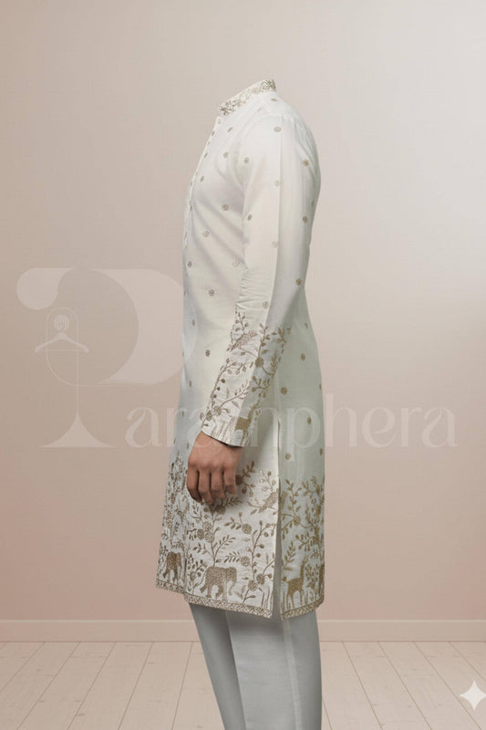 Ivory Embroidered Men's Kurta: Luxury Cotton-Silk Blend Wedding Outfit