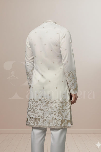 Ivory Embroidered Men's Kurta: Luxury Cotton-Silk Blend Wedding Outfit