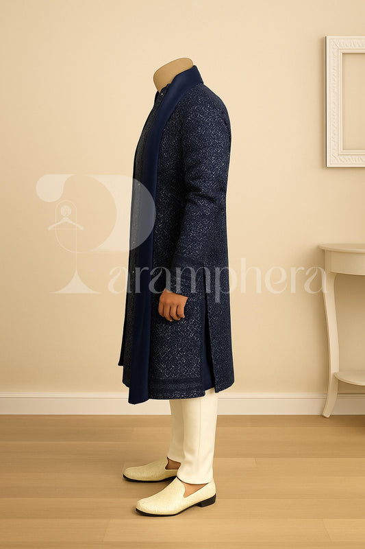 Navy Blue Velvet Embroidered Sherwani: Indian Wedding Outfit