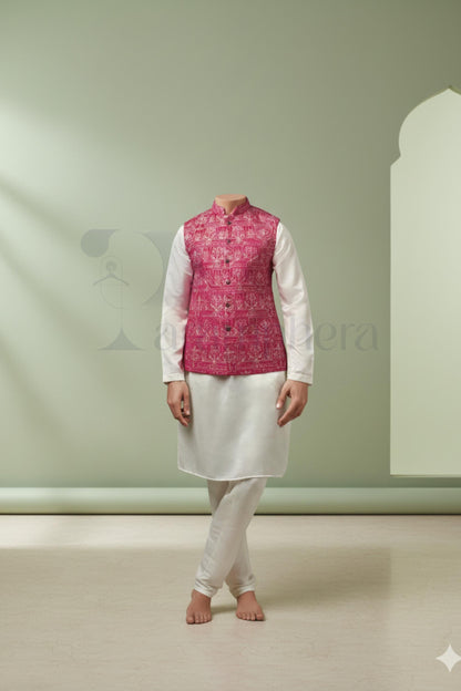 Pink Embroidered Nehru Waistcoat for Men | Indo Western Wedding Ethnic Vest