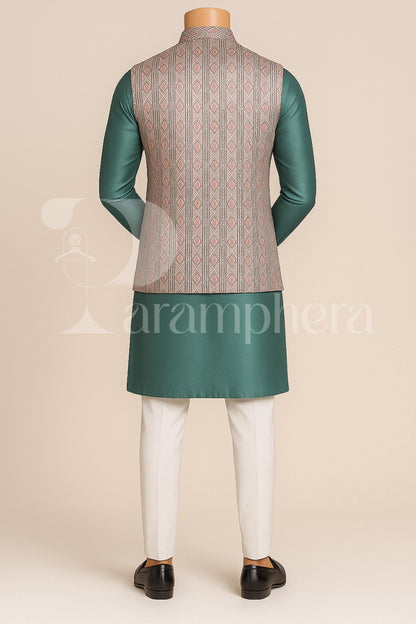 Mint Green Silk Kurta Pajama Set with Brocade Nehru Jacket: Indian Wedding Outfit