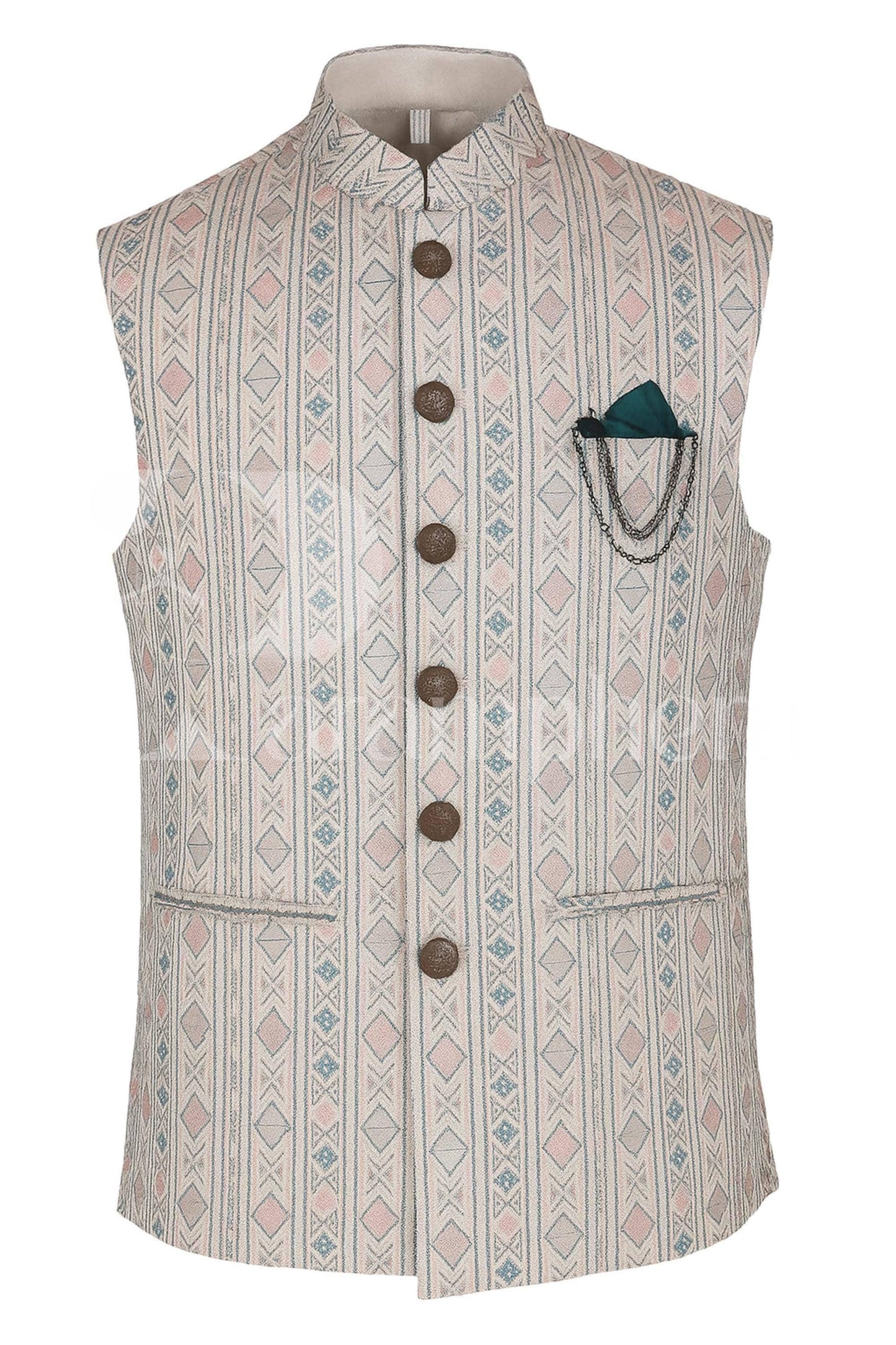 Mint Green Silk Kurta Pajama Set with Brocade Nehru Jacket: Indian Wedding Outfit