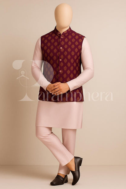 Mens Kurta Pajama Set: Maroon Nehru Jacket, Indian Wedding Outfit