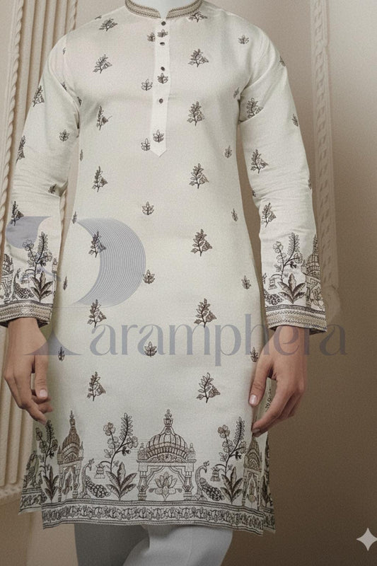 Ivory Embroidered Cotton Kurta: Palace Floral Design, Ethnic Menswear