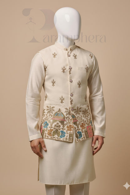 Handmade Silk Cotton Nehru Jacket | Embroidered Indian Wedding Vest
