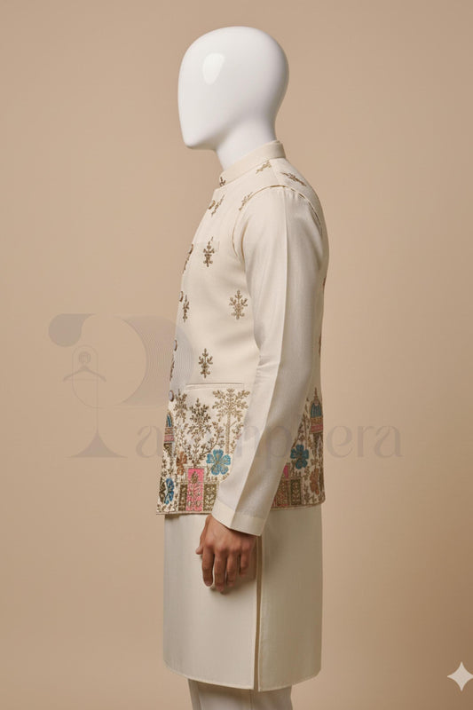 Handmade Silk Cotton Nehru Jacket | Embroidered Indian Wedding Vest