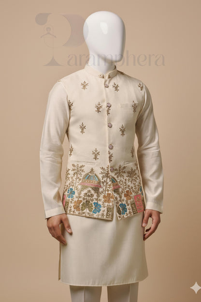Handmade Silk Cotton Nehru Jacket | Embroidered Indian Wedding Vest
