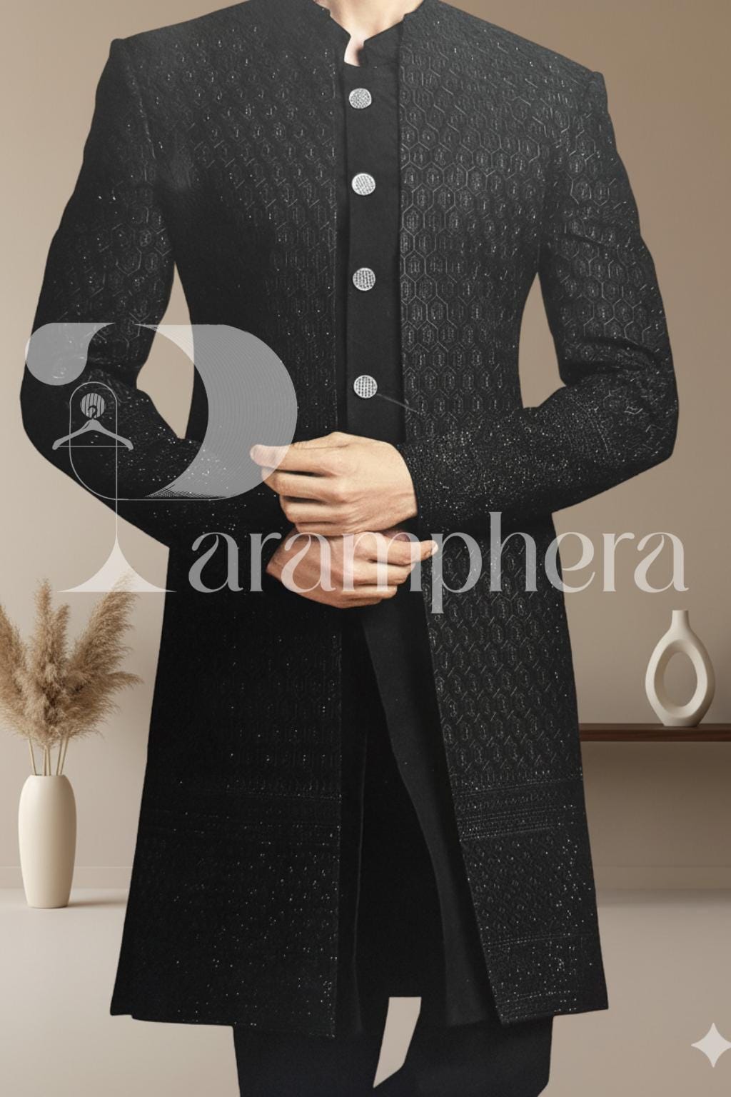 Black Sequined Sherwani: Custom Indian Wedding Outfit