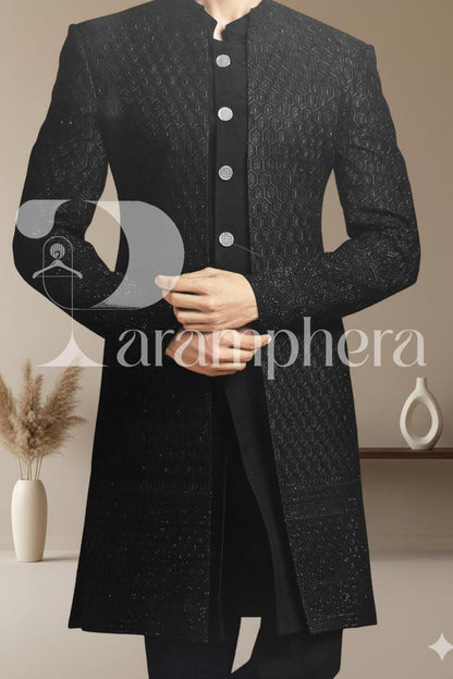 Black Sequined Sherwani: Custom Indian Wedding Outfit