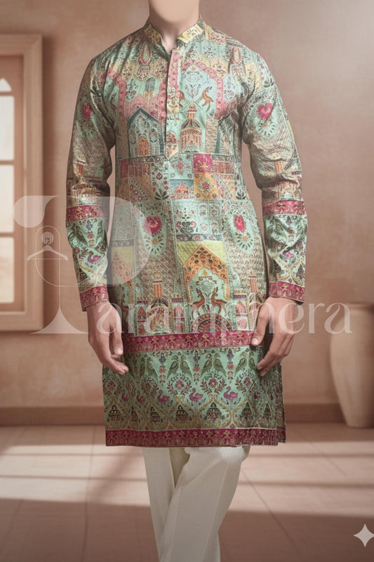 Men's Teal Brocade Kurta  Festive Printed Jacquard Tunic for Wedding & Groom | Indo-Western Sherwani Style