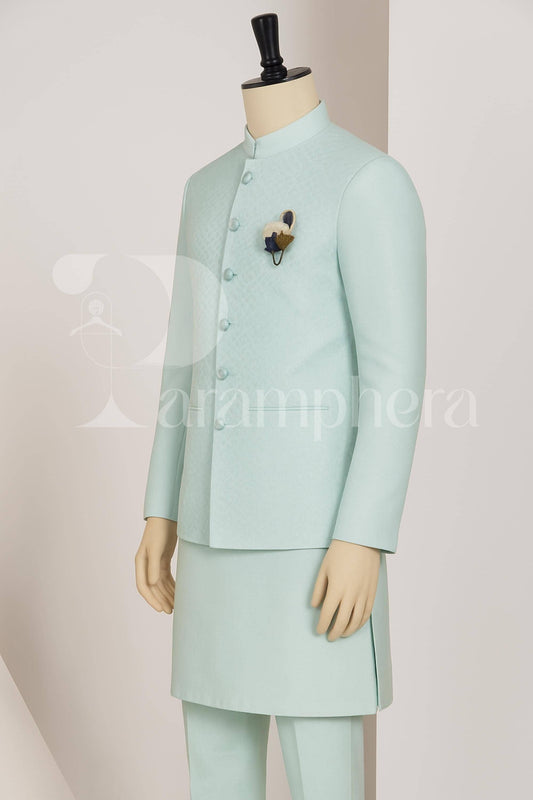 Sky Blue Kurta Pajama Set with Embroidered Nehru Jacket: Indian Wedding Outfit