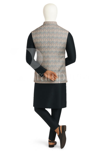 Men's Navy Blue Kurta Pajama Set with Printed Nehru Jacket: Indian Wedding Outfit