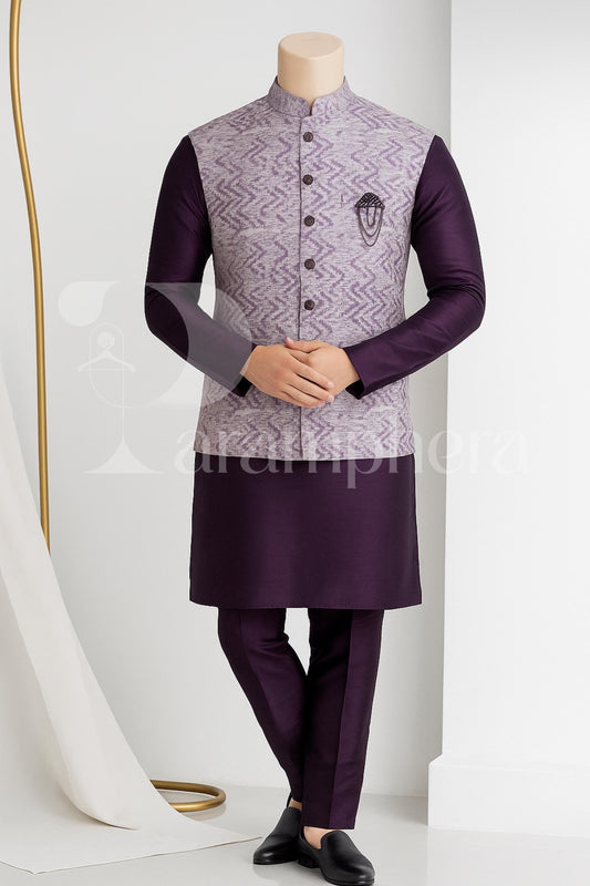 Handmade Purple Kurta Pajama Set | Zigzag Print Nehru Jacket