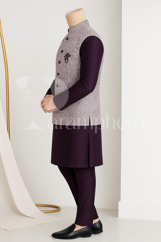 Handmade Purple Kurta Pajama Set | Zigzag Print Nehru Jacket
