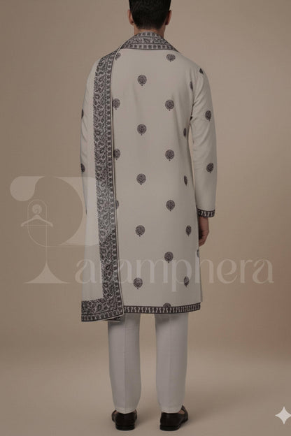 Ivory Embroidered Kurta Set: Elegant Mens Wedding Outfit
