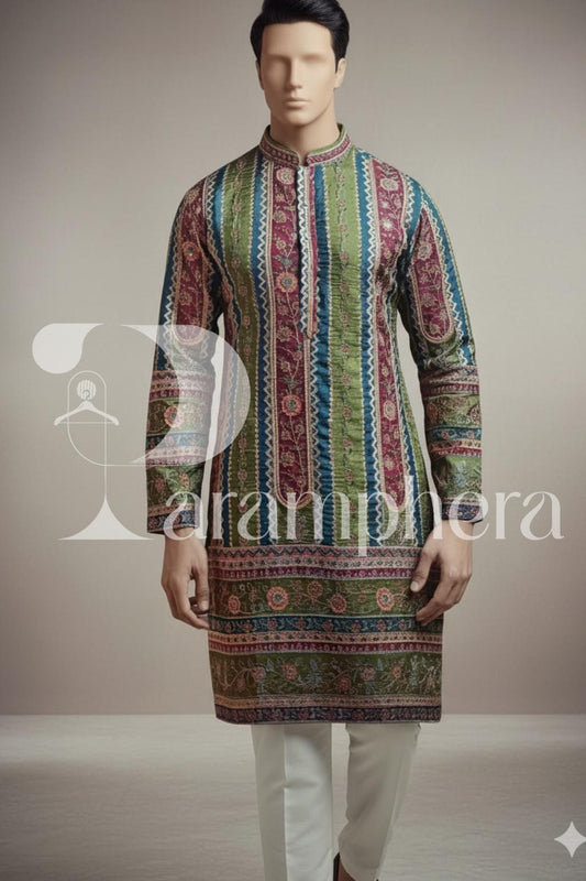 Hand-Embroidered Silk Blend Kurta Pajama Set: Indian Wedding Outfit