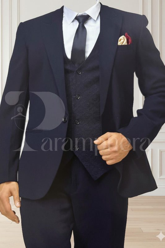 Men’s Navy 3 Piece Indo Western Suit | Sherwani Style Waistcoat Wedding Outfit