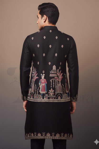 Black Kurta Pajama with Embroidered Nehru Jacket | Indian Wedding Outfit