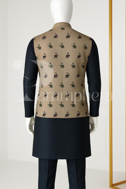 Mens Kurta Pajama Set with Elephant Print Nehru Jacket | Handmade Indian Wedding Outfit