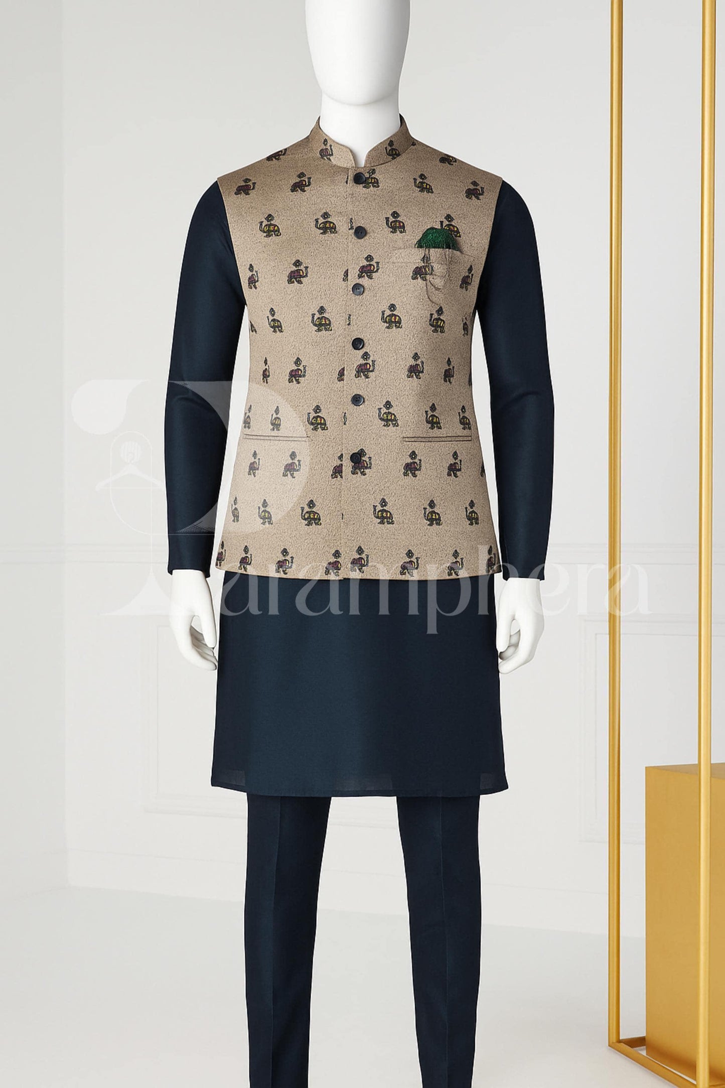 Mens Kurta Pajama Set with Elephant Print Nehru Jacket | Handmade Indian Wedding Outfit