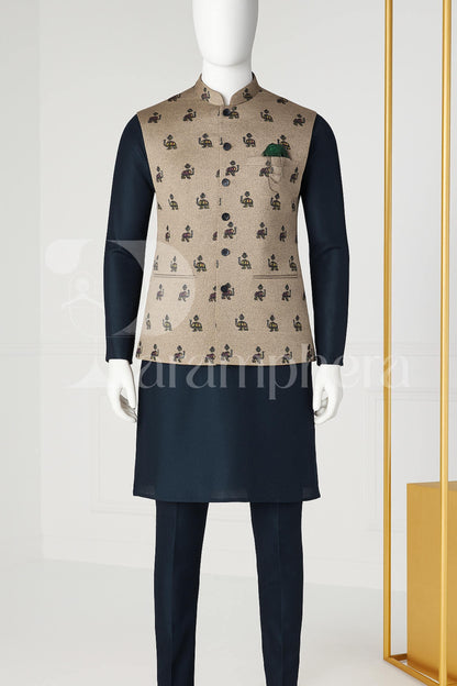 Mens Kurta Pajama Set with Elephant Print Nehru Jacket | Handmade Indian Wedding Outfit
