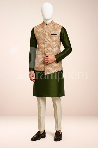Emerald Green Silk Kurta Pajama with Brocade Nehru Jacket | Men's Wedding Outfit