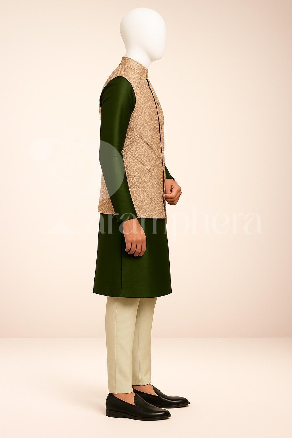 Emerald Green Silk Kurta Pajama with Brocade Nehru Jacket | Men's Wedding Outfit