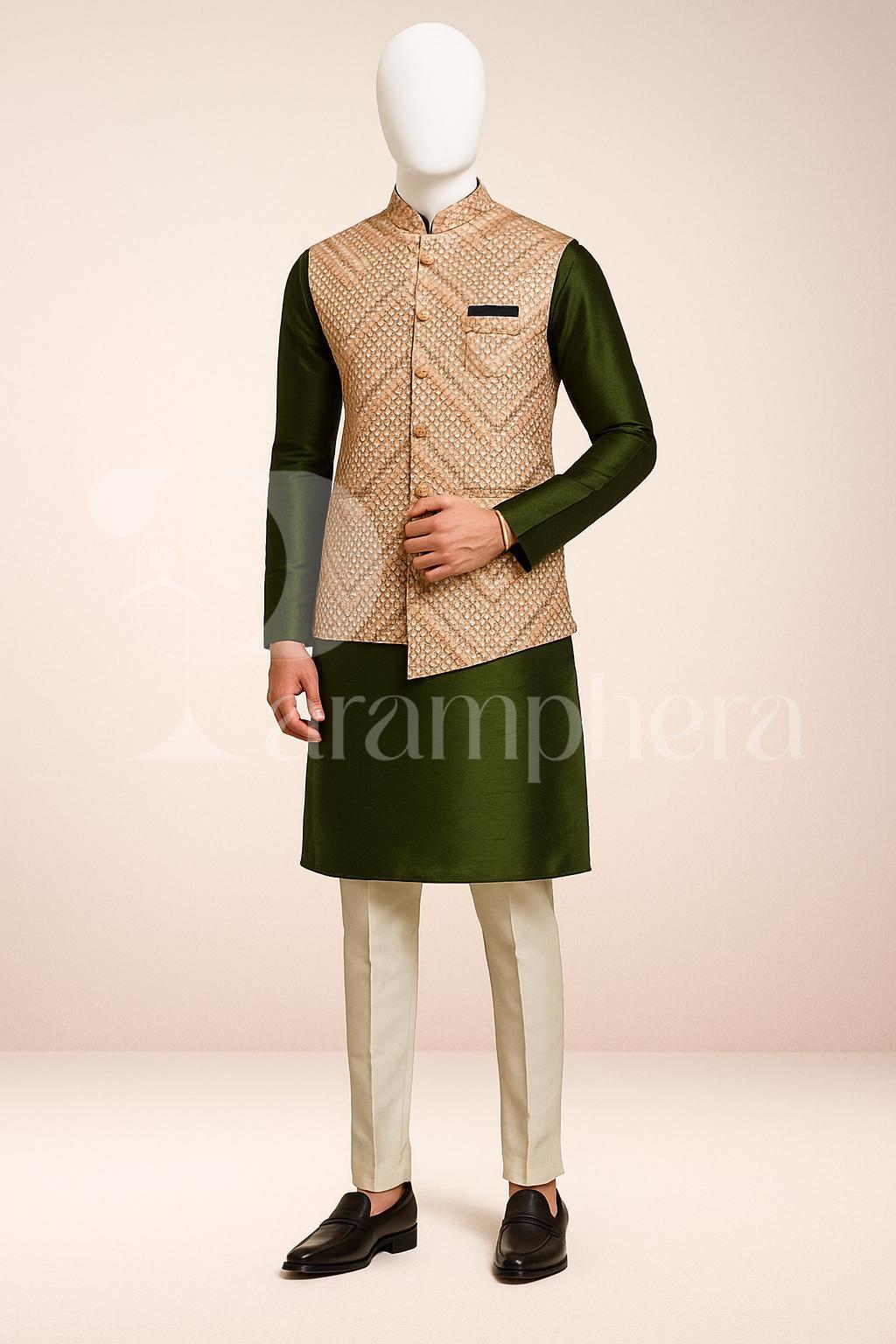 Emerald Green Silk Kurta Pajama with Brocade Nehru Jacket | Men's Wedding Outfit