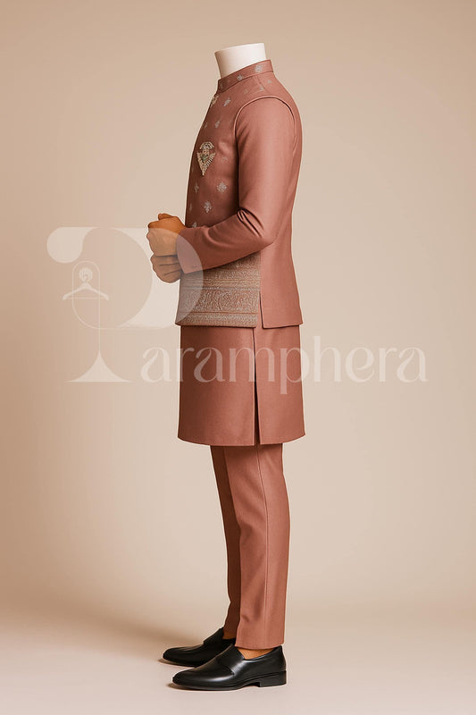 Dusty Rose Kurta Pajama with Embroidered Nehru Jacket | Indian Wedding Outfit