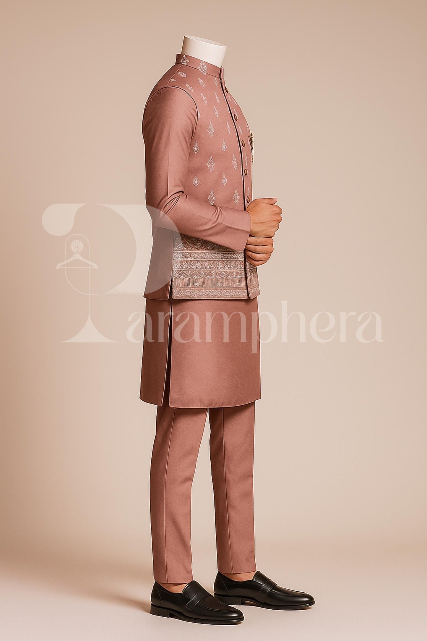 Dusty Rose Kurta Pajama with Embroidered Nehru Jacket | Indian Wedding Outfit
