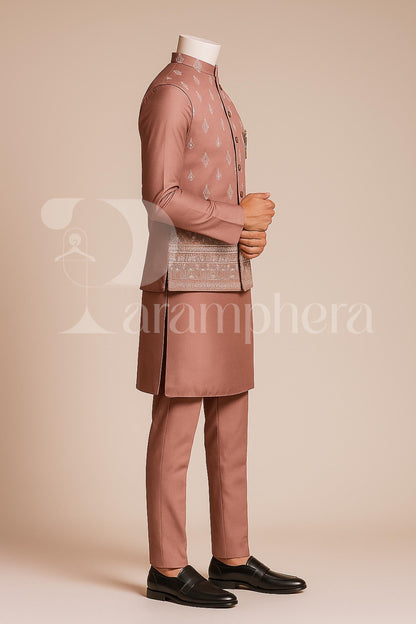 Dusty Rose Kurta Pajama with Embroidered Nehru Jacket | Indian Wedding Outfit