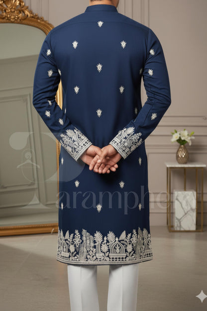 Navy Embroidered Cotton Kurta: Luxury Mens Ethnic Wedding Wear