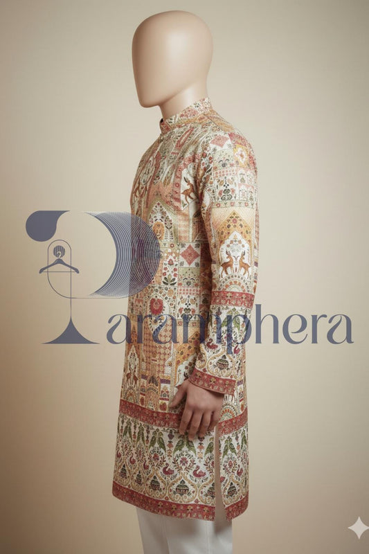 Handcrafted Floral Print Kurta Pajama Set: Indian Ethnic Menswear